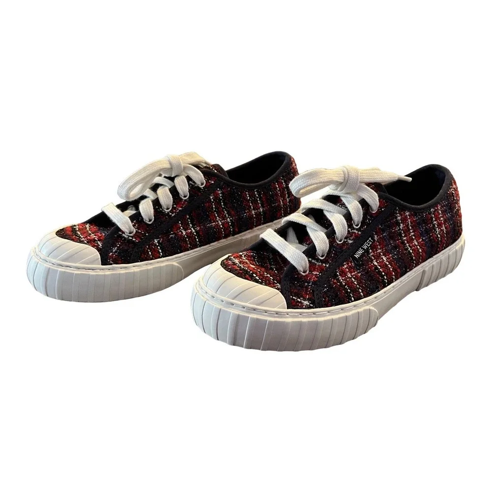 Nine West Sneakers Womens 7.5M Red Blue Plaid Lace Up Casual Deck Shoes
